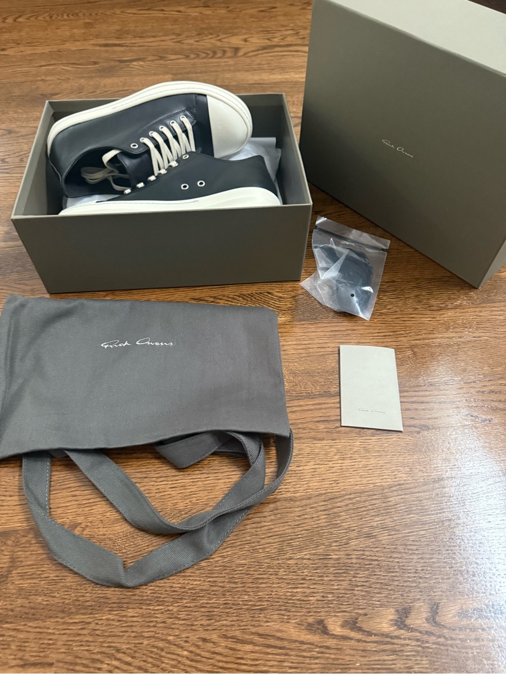 Rick Owens Ramones Black Leather Sneakers with White Toe and Laces - Picture 5 of 9